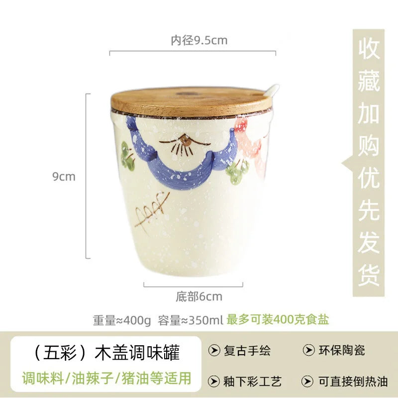 Ceramic Retro Seasoning Pot Hand-painted Salt Pot Oil Tank Pepper Pot for Kitchen Oasis Select porcelain spoon 4