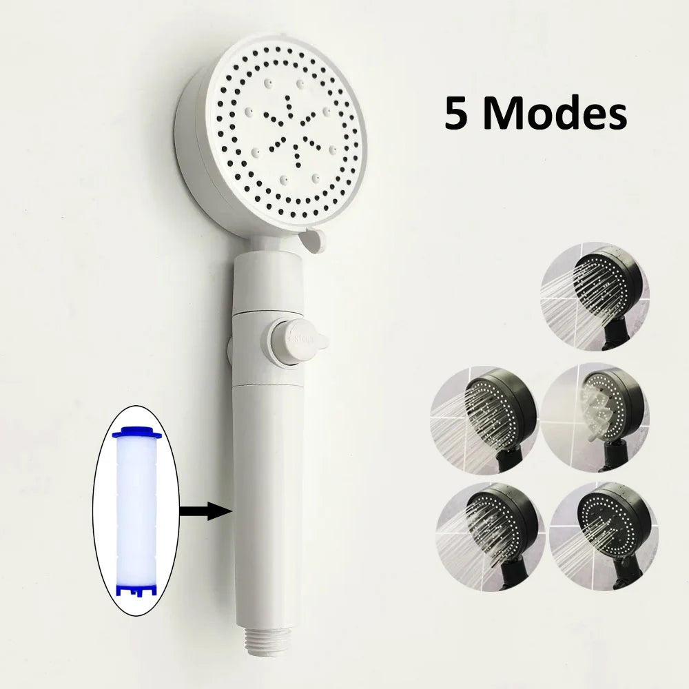 New 5 Mode Pressurized Shower Head With Filter Stop Button Water Saving Spray Nozzles Big Boost Showerhead Bathroom Accessories Oasis Select White shower