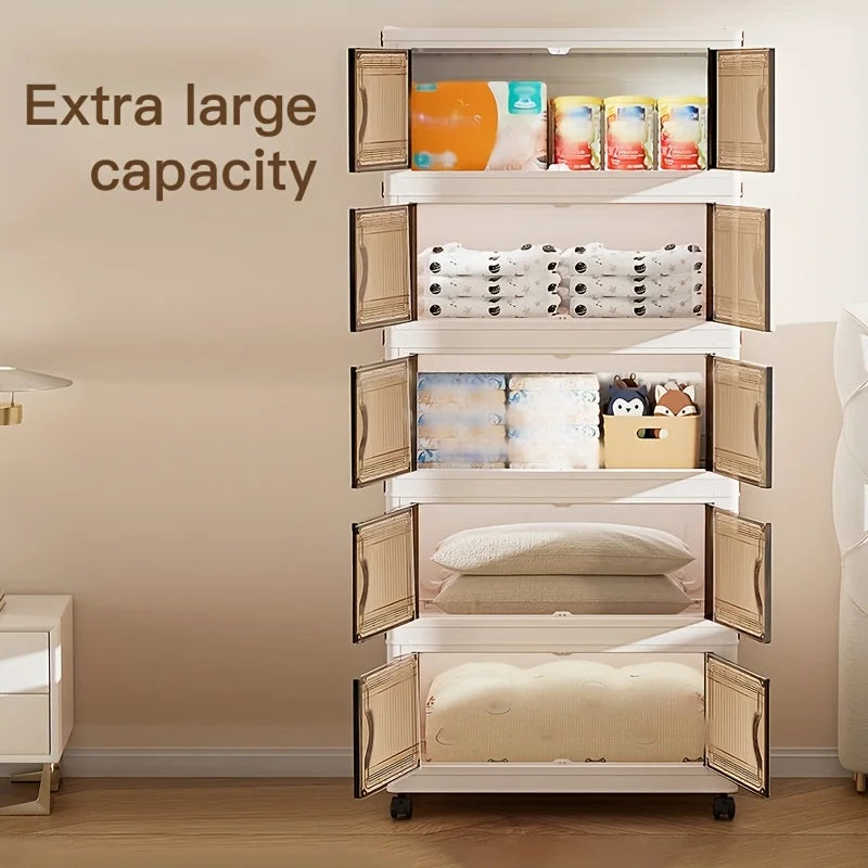 48cm Wide Foldable Storage Cabinet with Rolling Wheels,3-6 Tier White/Black, for Bathroom/Bedroom/Living Room Organization Oasis Select