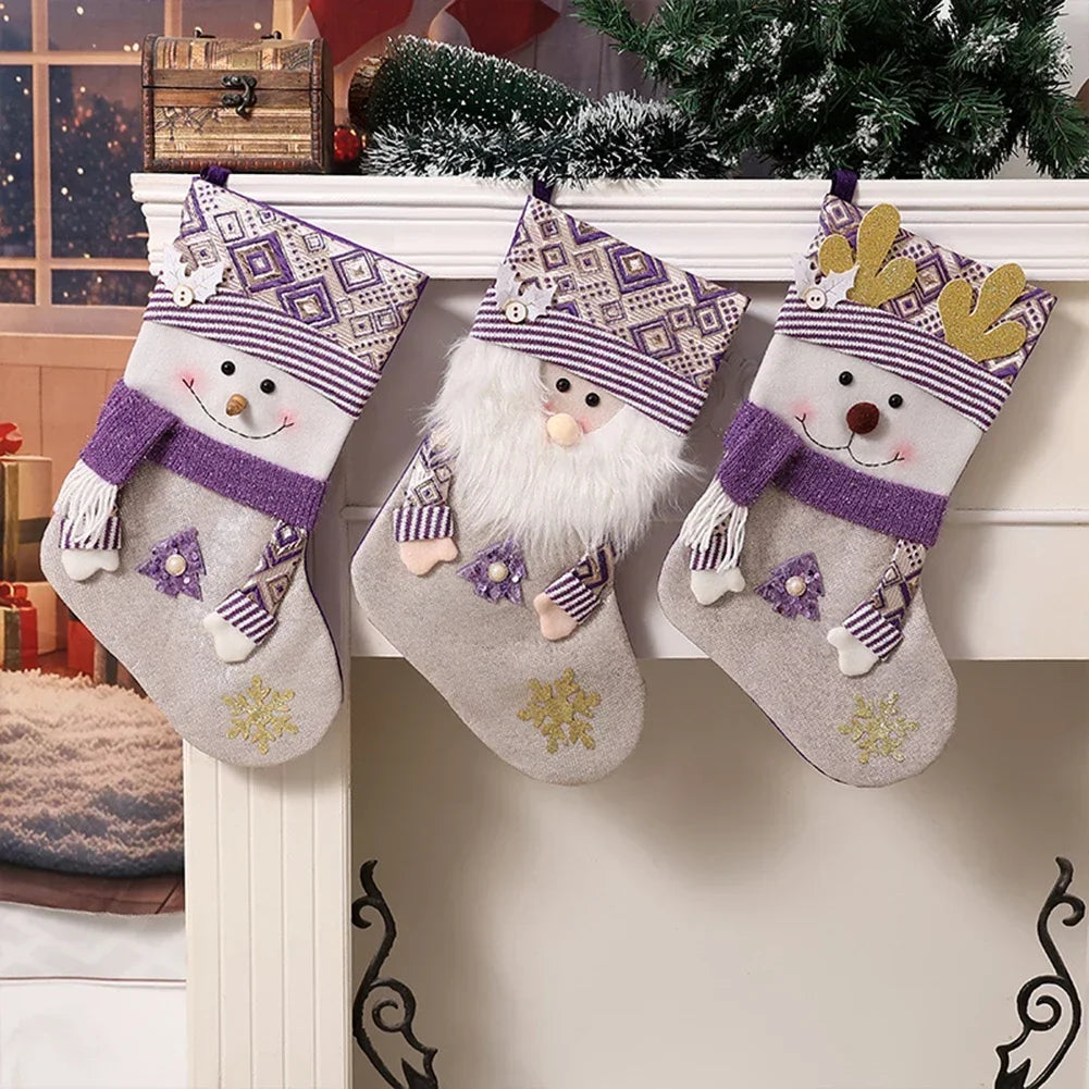 Christmas decorative purple socks with Santa Claus snowflake and antlers patterns large 45cm for holiday decoration Oasis Select