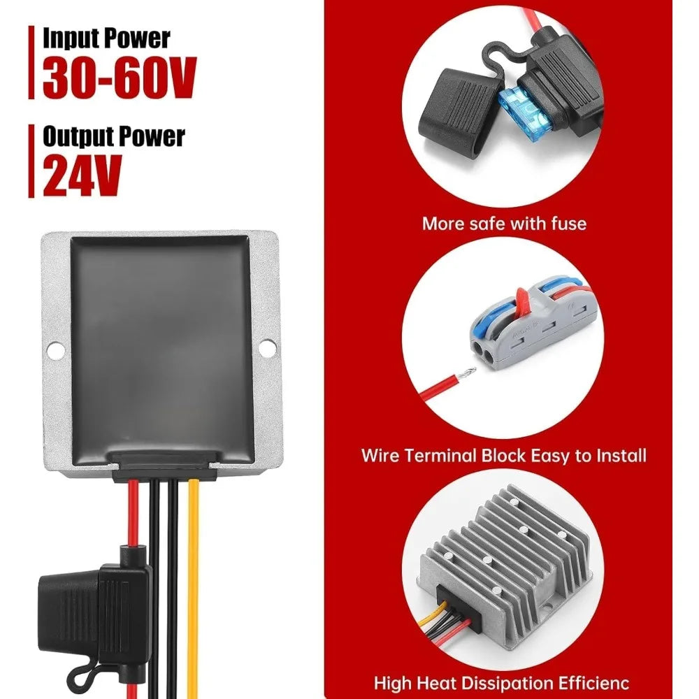 DC to DC 30-60V to 24V 10A Buck Converter Waterproof Voltage Power Transformer Supply Module for Automotive RV Marine Boat Dock Oasis Select