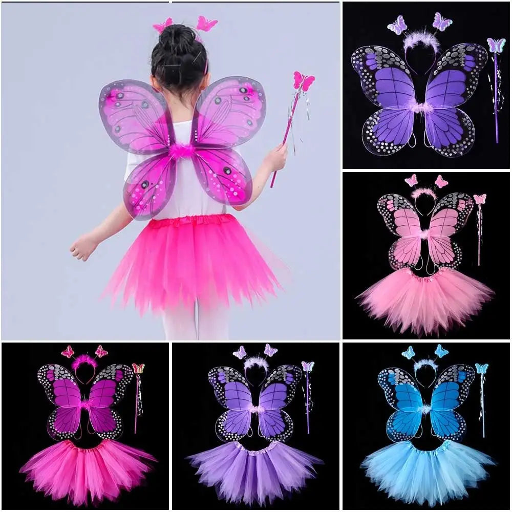 Simulation Butterfly Wings Pointed Tutu Skirt Headband Wand Adult Kids 3/4Pcs Fairy Costume Set Princess Girls Party Gift Oasis Select