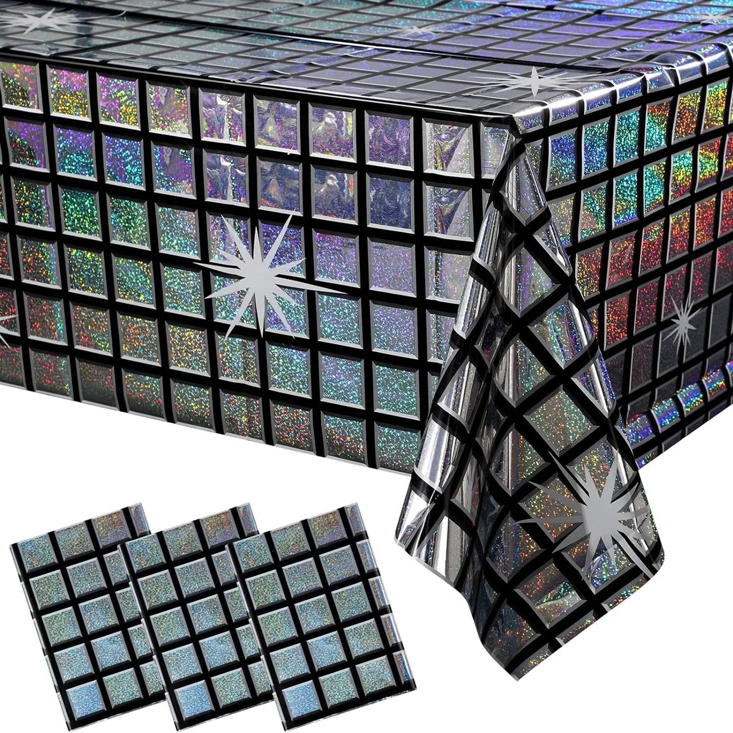 Retro Holographic Table Cover 70s Themed Party Decor Disposable Glitter Tablecloth Disco Ball Design for Bar Events Celebrations Oasis Select 1x2.7m