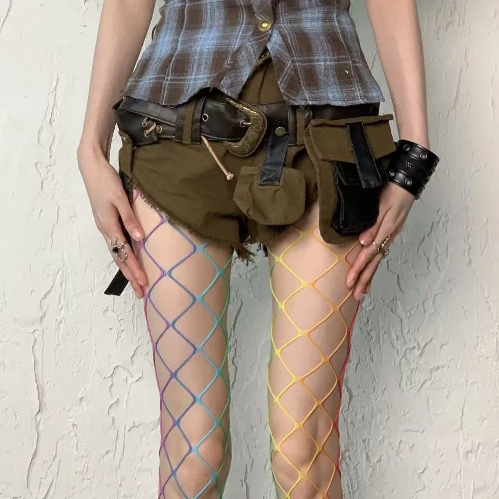 Sweet Cool Dopamine Rainbow Fishnet Stockings Y2K Gradient Mesh Hollowed Out Tights High Waist Sexy Pantyhose Women Fashion Oasis Select Large Net One Size