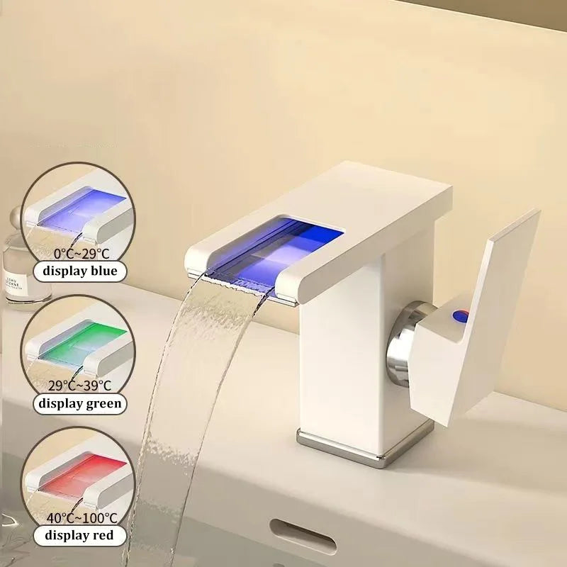 3-Color LED Waterfall Bathroom Faucet | Hot & Cold Brass Tap