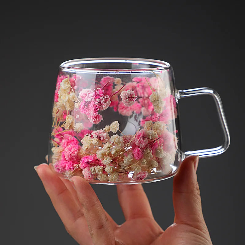 Double-Walled Glass Coffee Cup, Built-In Real Flower Design,Transparent Glass Coffee Cup for Hot & Cold Beverages, Tea, Latte Oasis Select