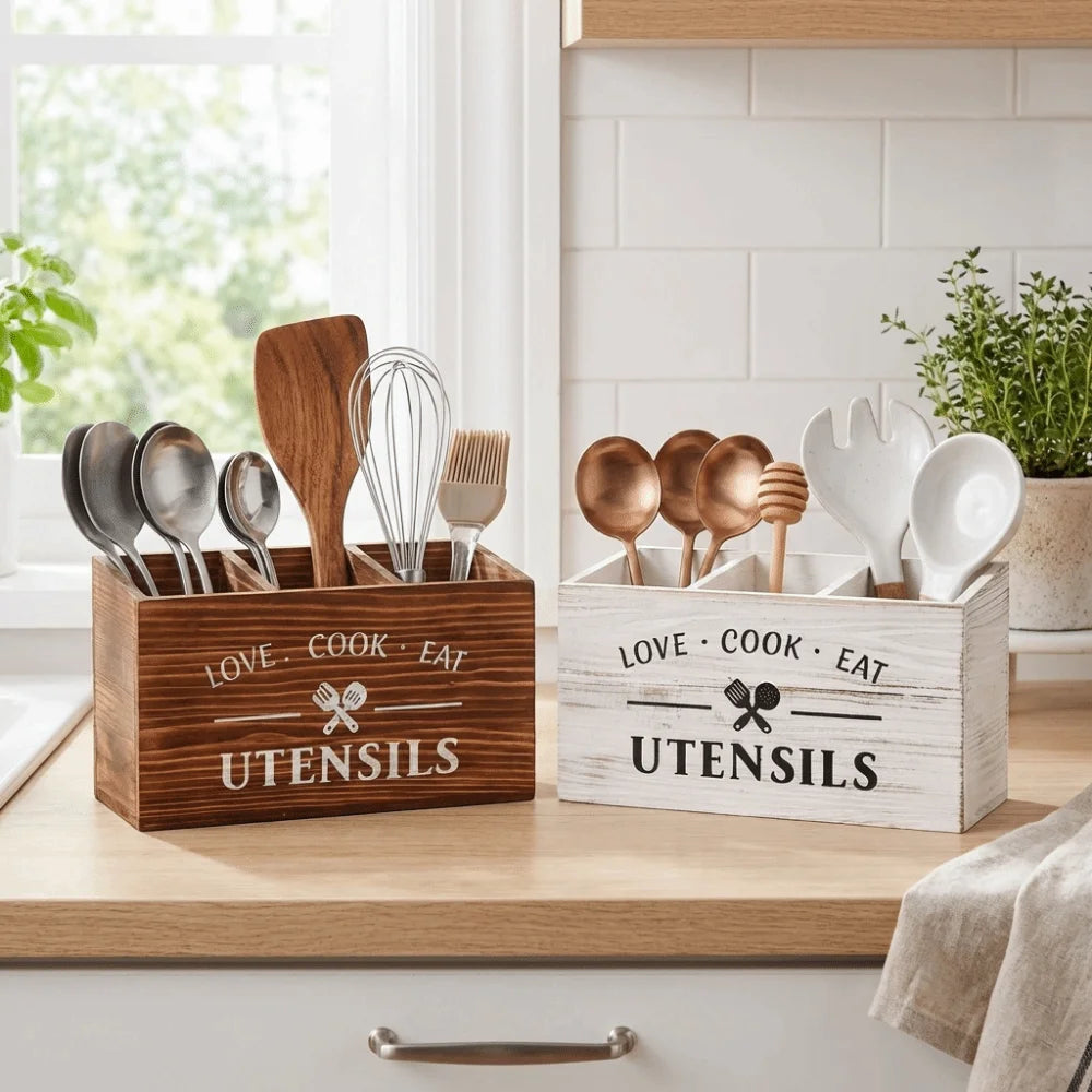Wooden Utensil Holder – 3-Compartment Cutlery Organizer