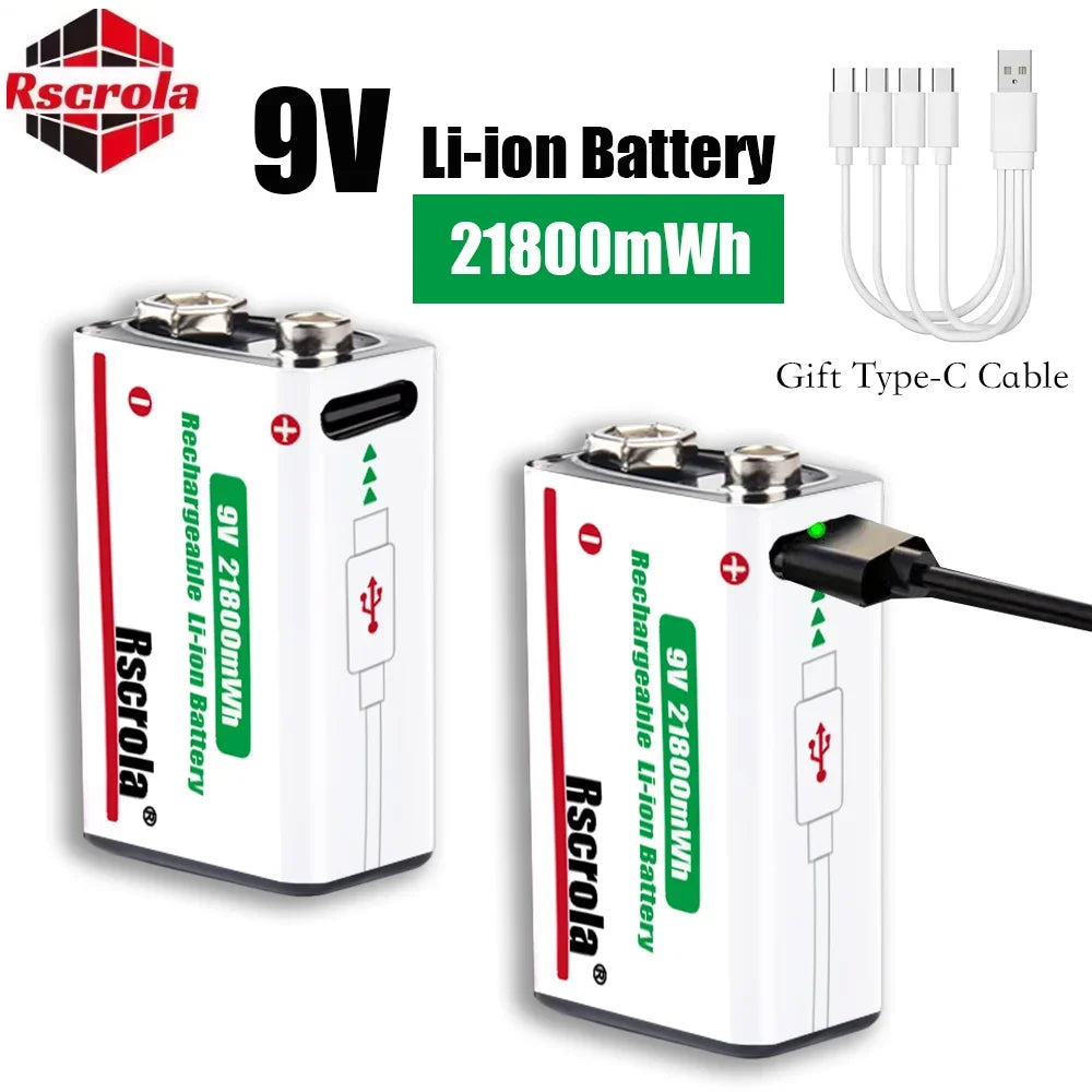 21800mWh High Capacity Rechargeable 9V Lithium ion Battery with USB-C for Guitar Microphone Smoke Detector Pedal with Cable Oasis Select