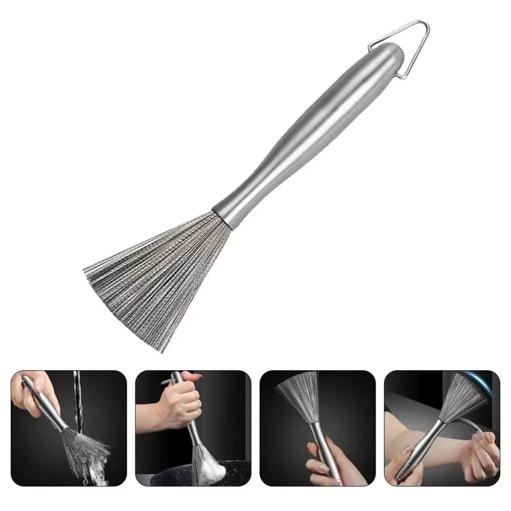 Stainless Steel Kitchen Cleaning Brush Long Handle Anti-Rust Dish Washing Brush One-piece Molded Steel Wire Pot Cleaning Tool Oasis Select