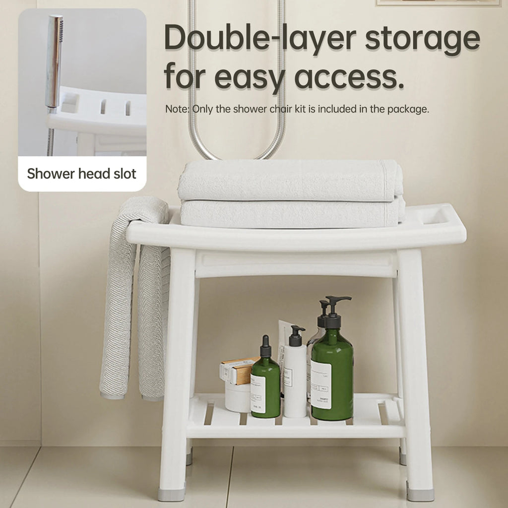 HDPS Shower Benches Durable Shower Chair 2-tier Storage Spaces and Dual Handles Waterproof Stool with Non-slip Pads for Shaving Oasis Select