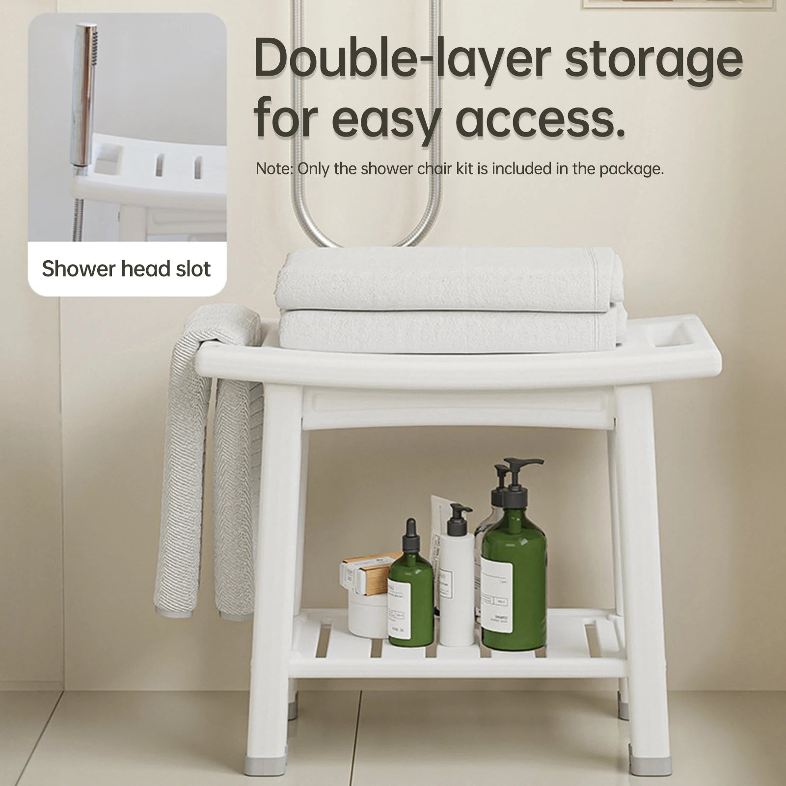 HDPS Shower Benches Durable Shower Chair 2-tier Storage Spaces and Dual Handles Waterproof Stool with Non-slip Pads for Shaving Oasis Select