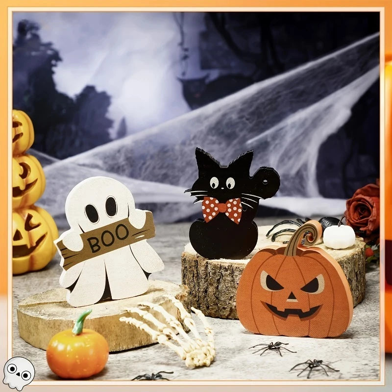 Three-piece Halloween wooden table decorations, black cat, pumpkin and ghost, for the center of the party table decoration Oasis Select