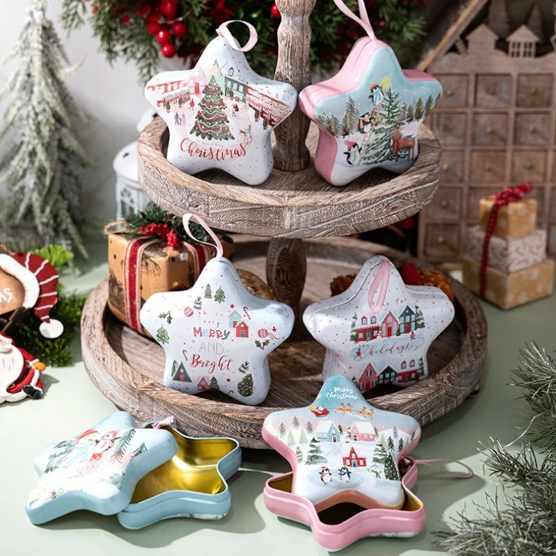 Christmas Tin Box Star Shaped Chocolate Cookies Candy Box With Hanging Rope Christmas Storage Box Ornaments Gifts Oasis Select