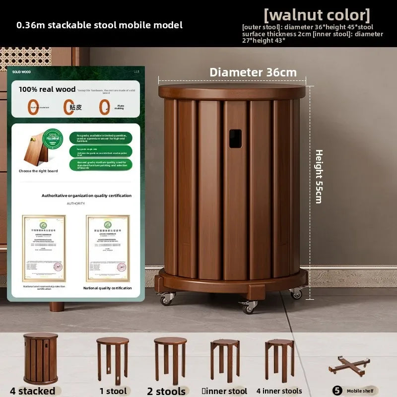 Household stools can be stacked solid wood round stools stacked low stools with pulleys wooden stools sturdy and durable Oasis Select Walnut-4A