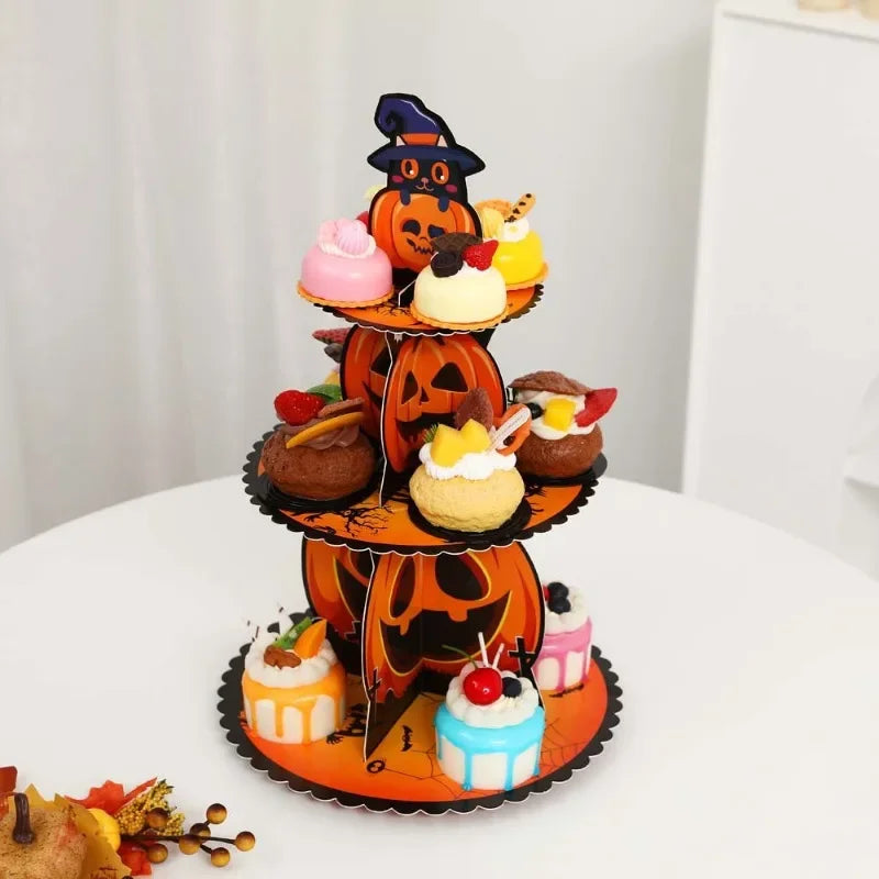 Halloween Hand-folded Assembled Cake Stand Holiday Party Decoration Paper Three-layer Dessert Tray Decoration Oasis Select