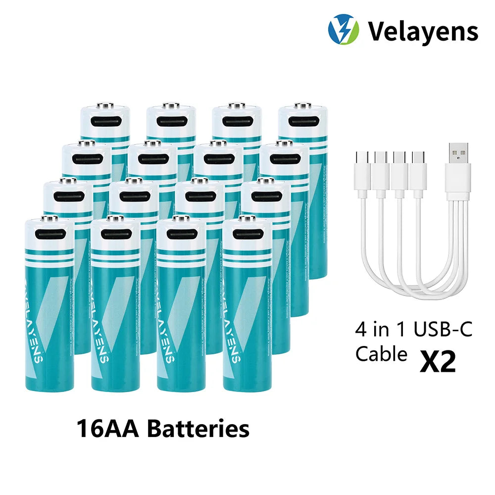 1.5V USB Rechargable Lithium Battery AA 2200mAh Actual Capacity Fast Charging 2000+ Charge Cycles Long-Lasting Power Oasis Select 16 pcs batteries