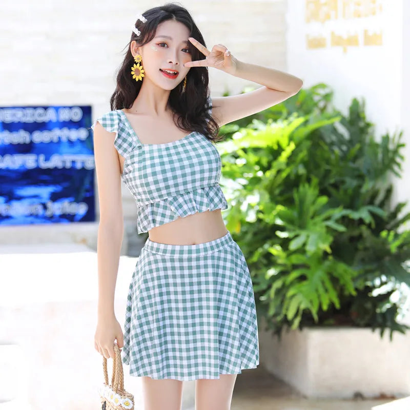 Swimsuit for women summer mini splitflat corner skirt style, hot spring cute girl, checkered student swimsuit Oasis Select