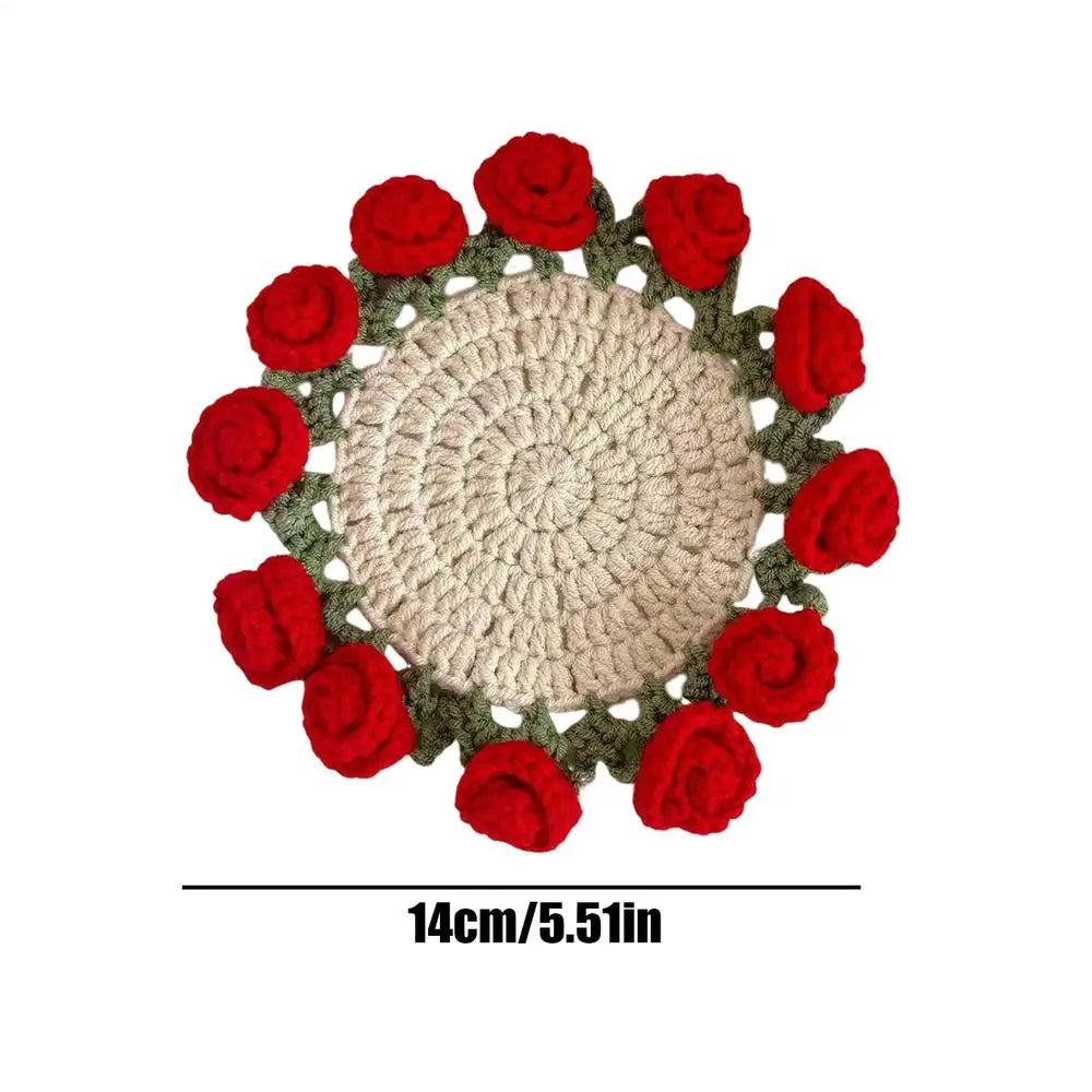 Knitting Coaster Handmade Knitting Romantic Coaster Aesthetic Soft Vintage Pad DIY Vintage Crochet Rose Bouquet Material Kit Oasis Select Green