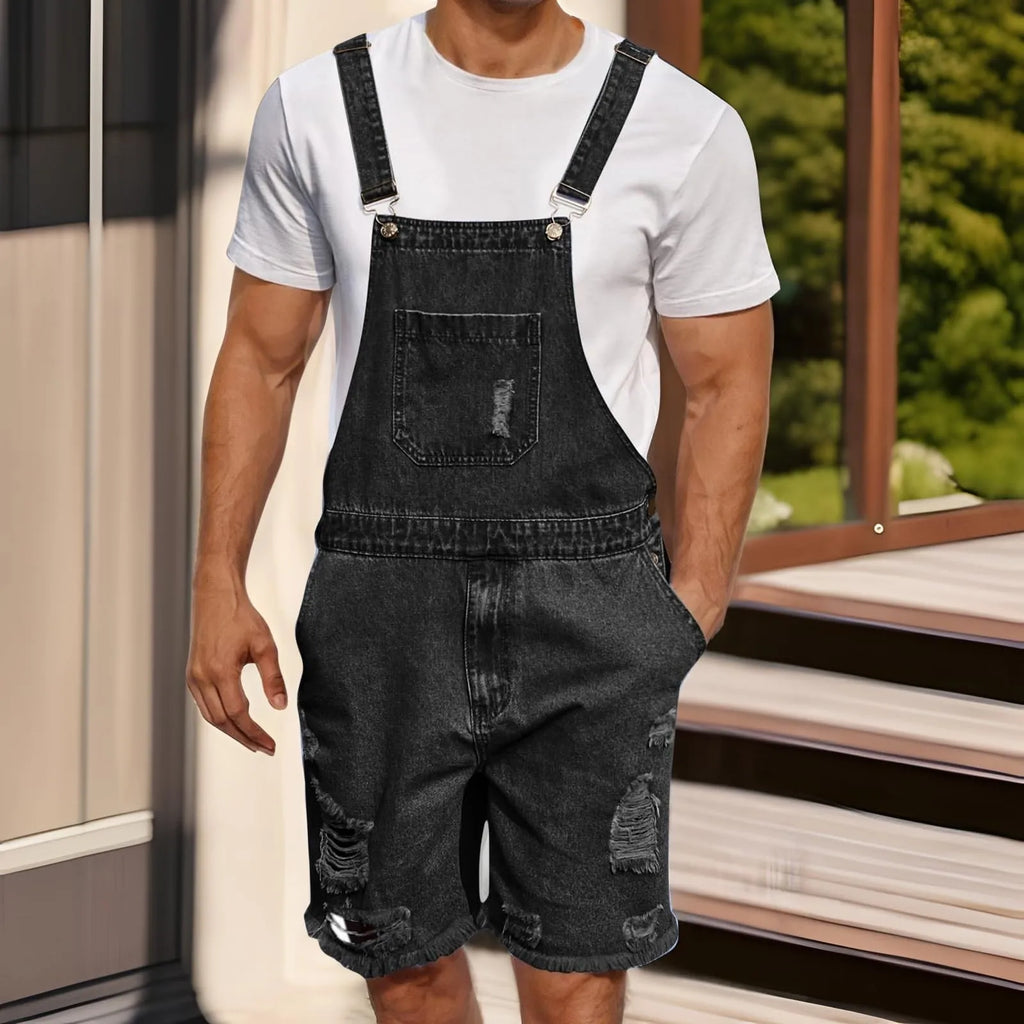 Summer Men's Vintage Jeans Overalls Elastic Denim Jumpsuit With Pockets Men Casual Button Suspenders Short Pants Oasis Select Black M