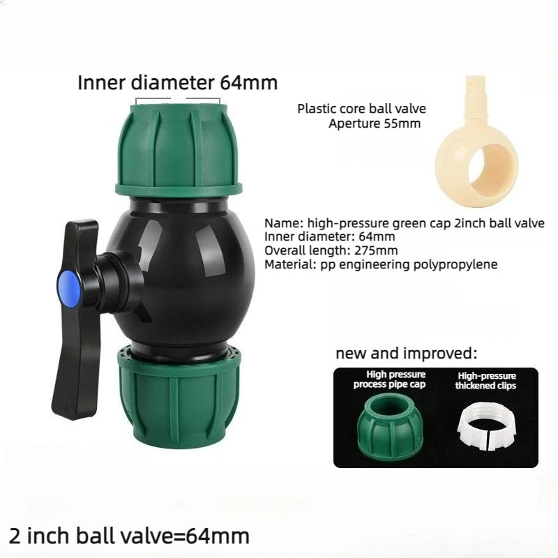 PE Ball Valve 4 Points 6 Points 1 Inch Water Pipe No Hot Melt Quick Connector Valve Switch Quick Connector Irrigation Joint Oasis Select 2 inches 63mm Upgrade Green Hat Ball valve