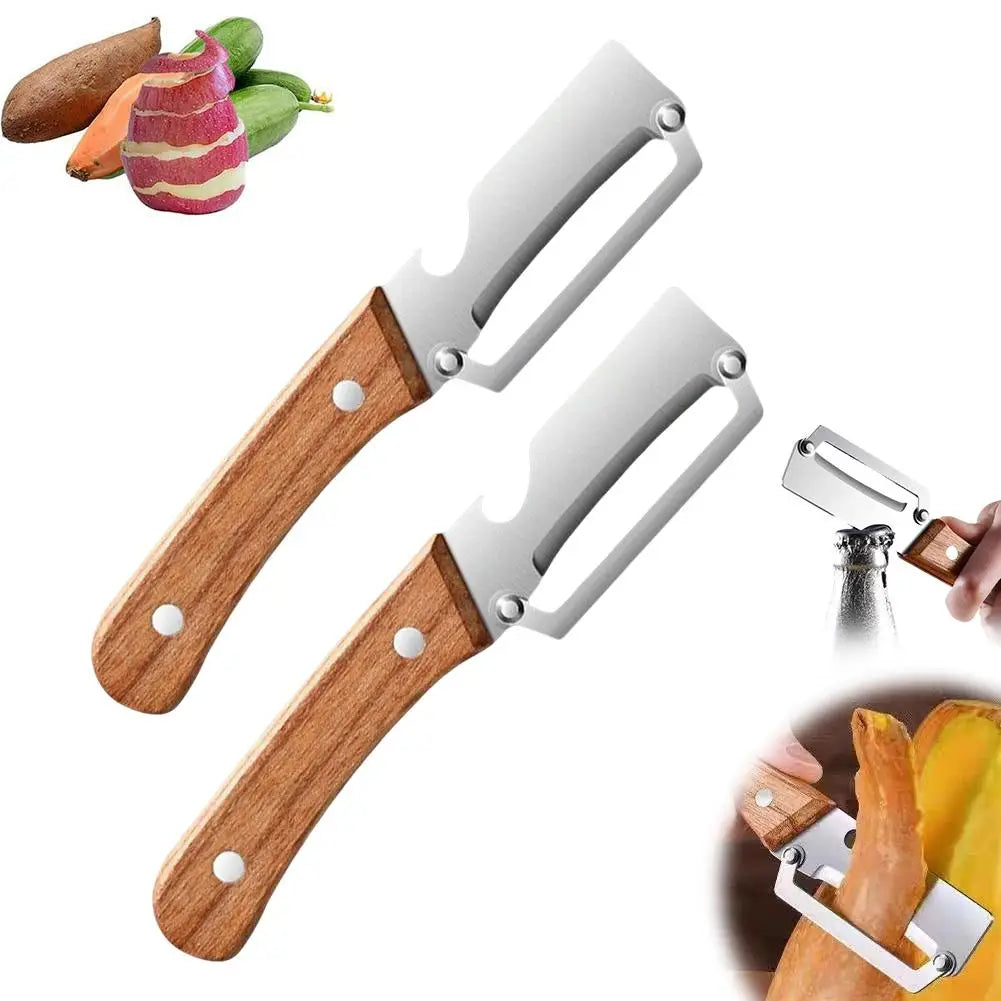 Stainless Steel Peeler Vegetable Fruit Peeling Tool Bottle Opener With Ergonomic Wooden Handle Multifunction Kitchen Tool Oasis Select 2pcs