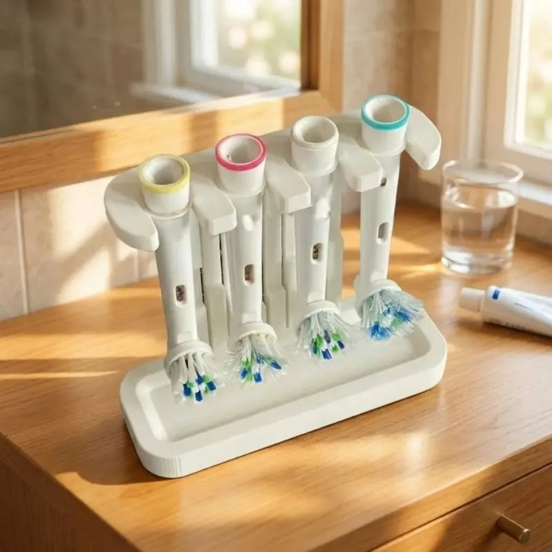 3D Printed Plastic Toothbrush Head Organizer 4 Slots Countertop Holder, Bathroom Storage Rack To Keep Brush Heads Dry Oasis Select