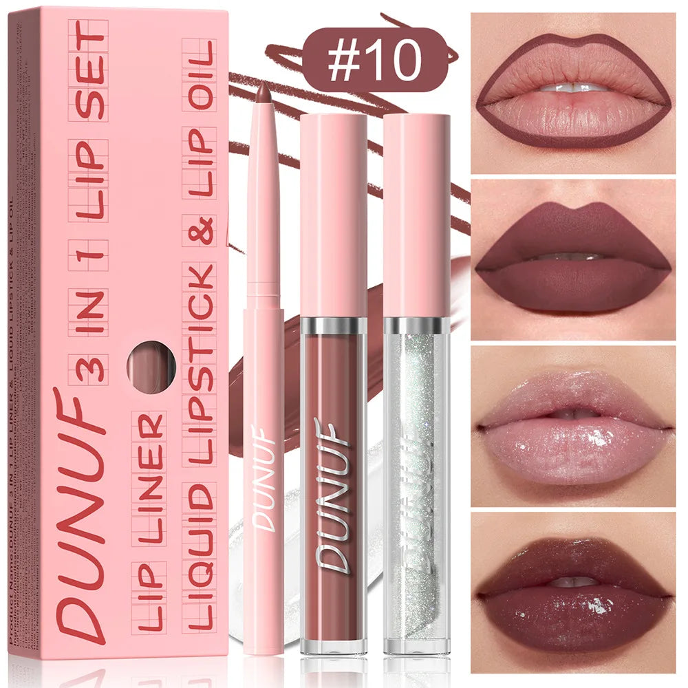DUNUF 3-Pc Matte Lipstick Set – Lip Liner, Gloss & Oil Kit