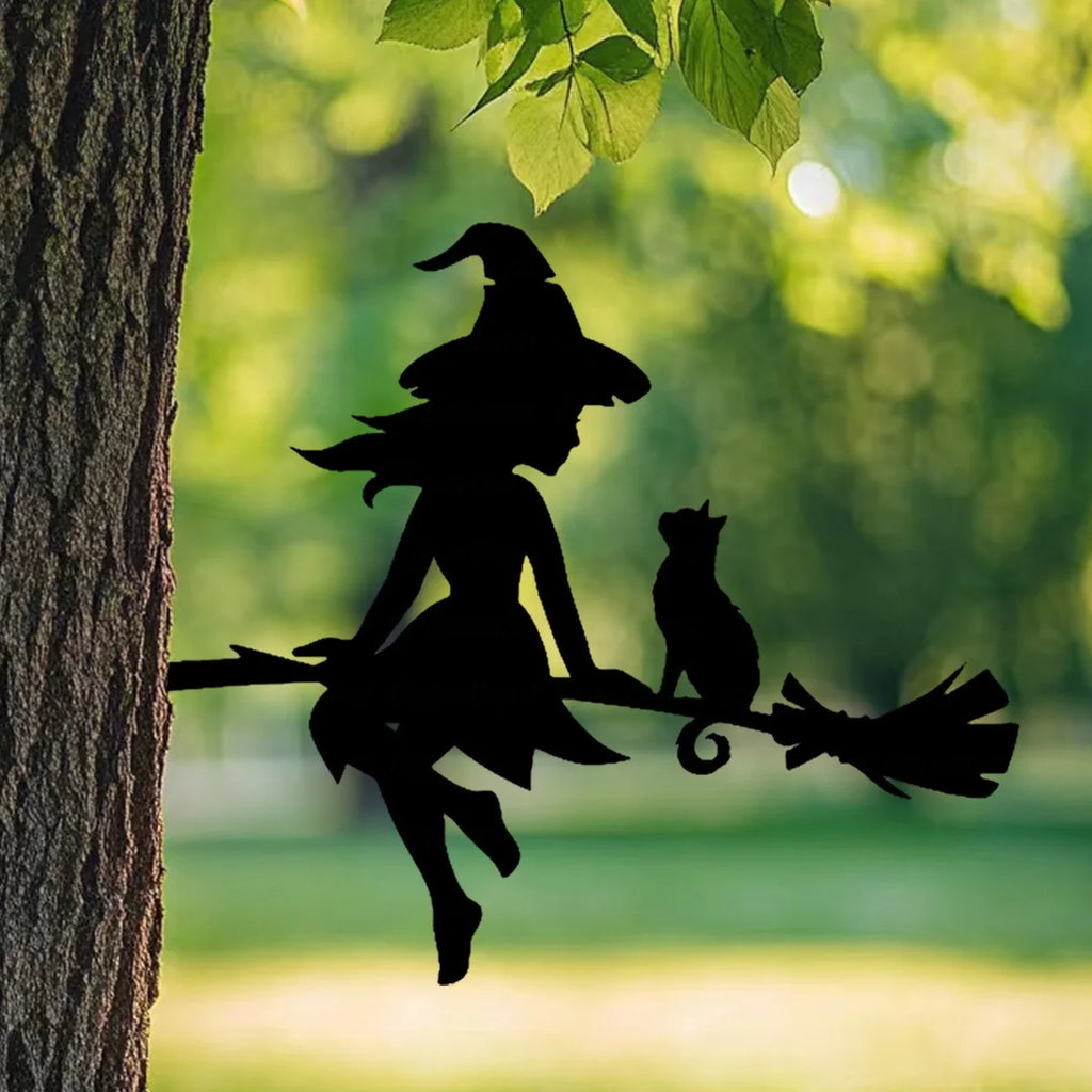 Enchanting Witch & Cat Garden Decor - Durable Iron Art with Flying Broomstick, for Halloween & Outdoor, Outdoor Garden Decor Oasis Select