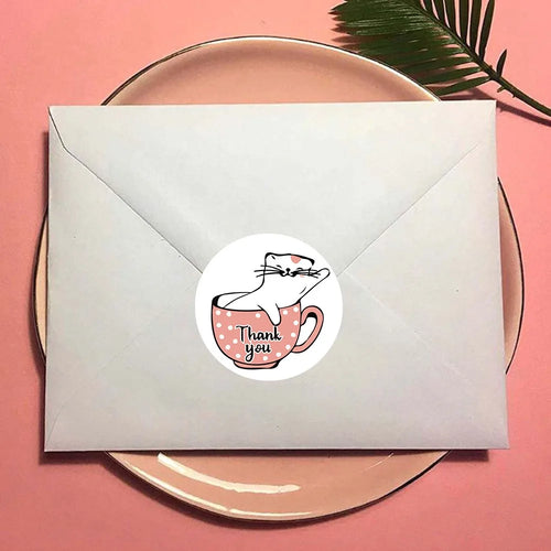 500pcs/1 roll label stickers, cat in a cup coated paper, thank you for ordering shop gift tag stickers Oasis Select