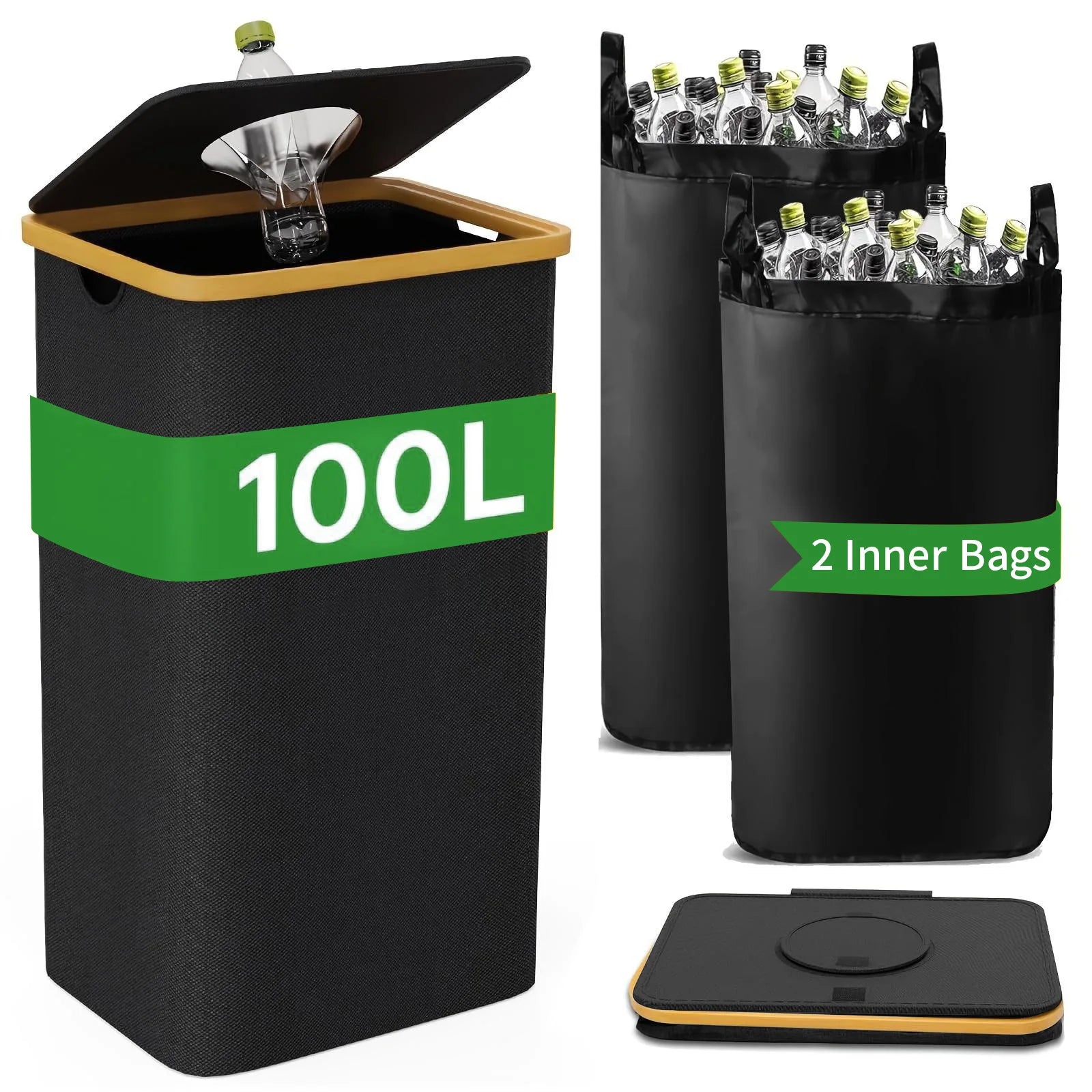 Large-capacity storage box with inner bag, foldable, for bottles, clothes, toys, recyclable waste, laundry basket, 24/100L Oasis Select Black-2 inner bag