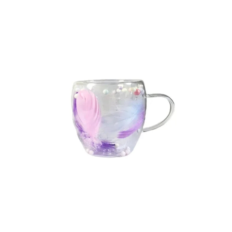 250/350ML Double Wall Coffee Mug with Handles Clear Milk Cups Gifts Glass Cup Household Office Fill Simulation Feather Teacup Oasis Select 250ML 301-400ml