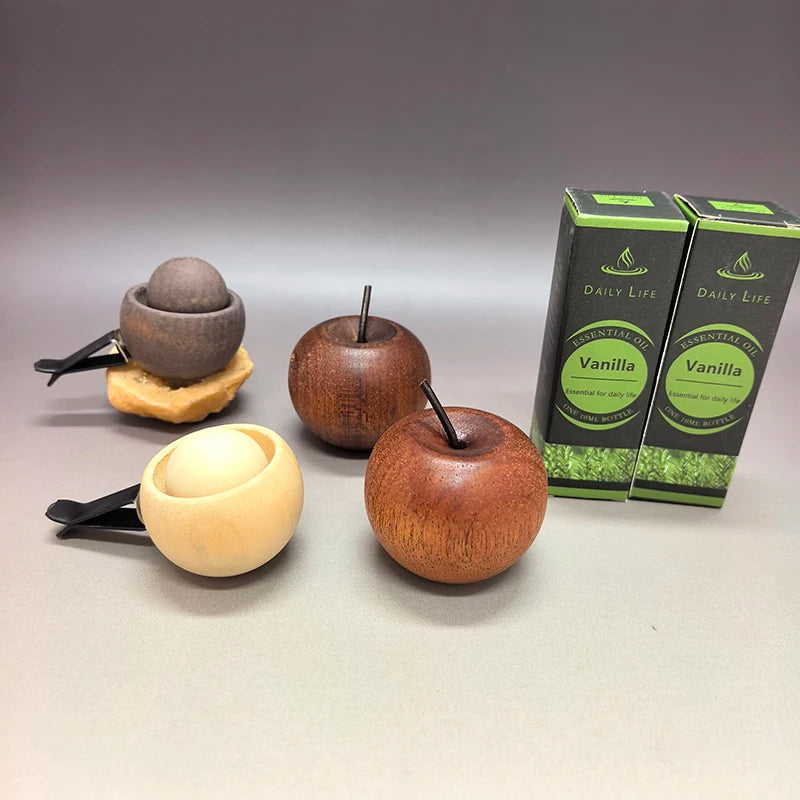 Wooden Oil Diffuser with Essential Oil Set，2pcs Apple Style+2pc Sphere+2 Bottles Essential Oil,for Bedroom Living Room Car Decor Oasis Select vanilla set