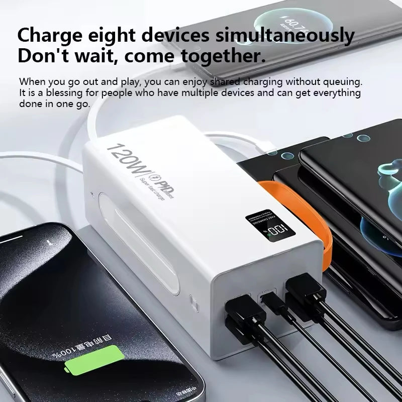 120W 50000mAh High Capacity Power Bank 4 in 1 Cables Super Fast Charging Power Bank Portable Charger For iPhone Samsung Oasis Select