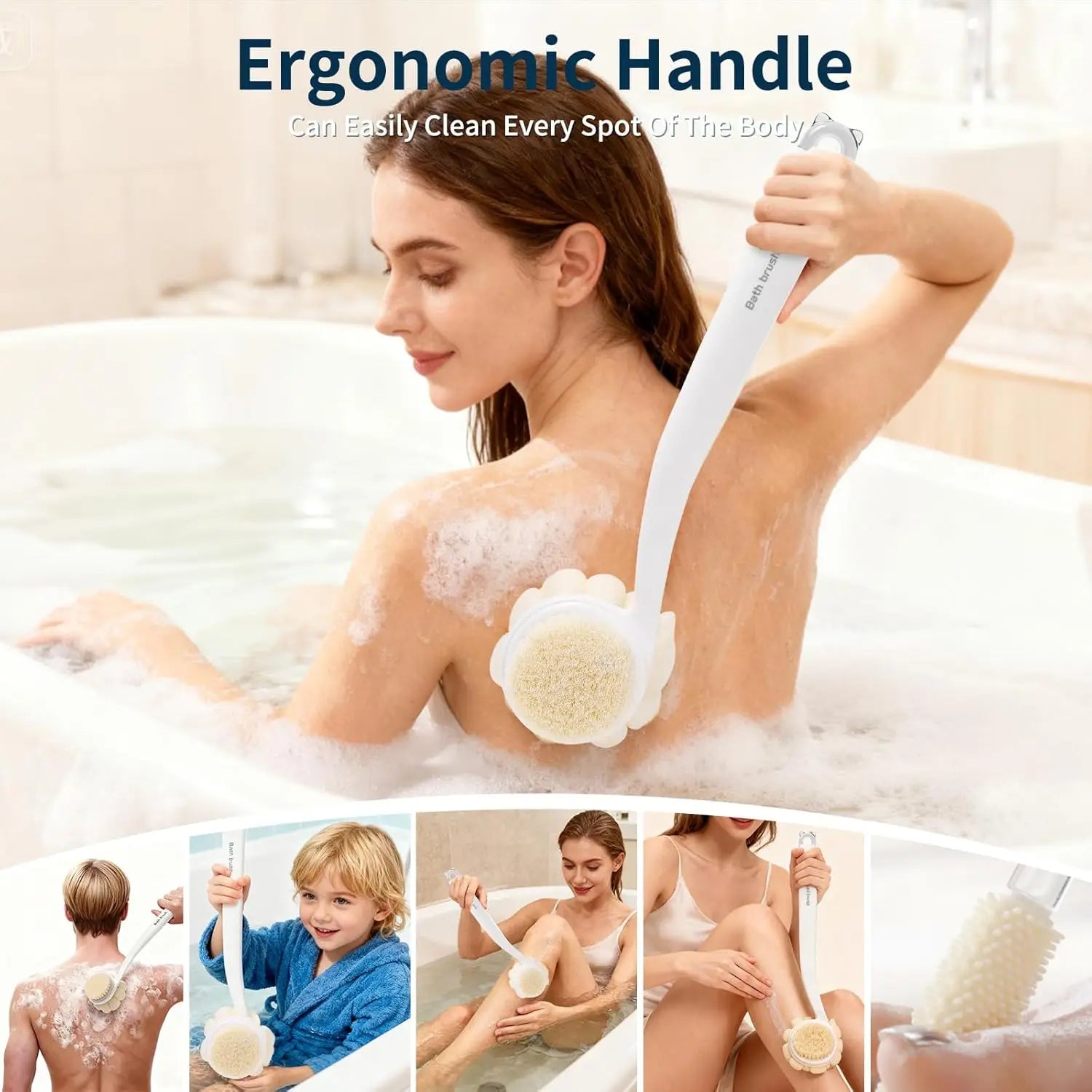 3in1 Shower Brush Long Handle Back Scrubber Soft Bristles Loofah Foot Exfoliating Anti Slip Bath Body Spa Tool Oasis Select
