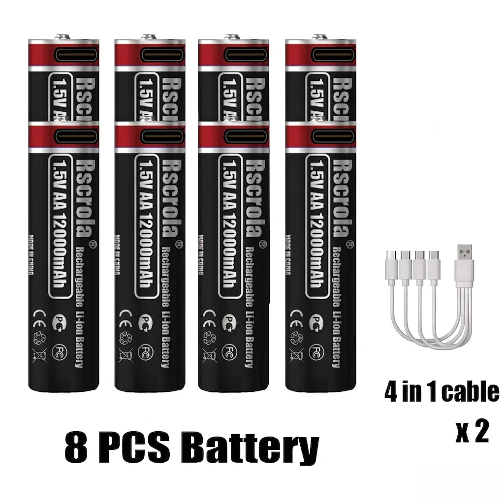 USB-C Rechargeable AA AAA Lithium Battery 1.5V Li-ion Batteries 12000mAh 6800mAh Constant Voltage Fast Charging for Toy Clock Oasis Select 8 PCS AA Batteries