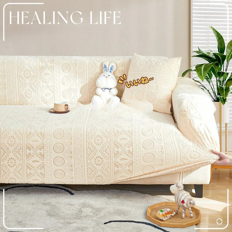 Bohemian Jacquard Velvet Sofa Cover for Autumn and Winter Thickened Plush, High-end Feel Cat Scratch-resistant Sofa Cover Oasis Select