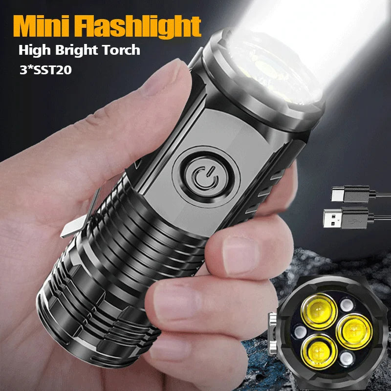 Mini Powerful 3 LED Flashlight USB Rechargeable Built-in Battery Torch 5 Modes Waterproof Lamp with Tail Magnet Tactical Lantern Oasis Select