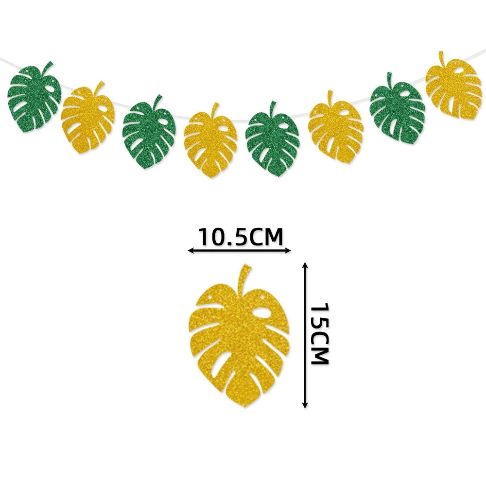 Glitter Tropical Leaf Banner, Monstera Palm Leaves Garland, Hawaiian Luau Party Decorations for Birthday Baby Shower Wedding Oasis Select Green Gold
