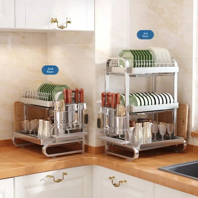 Stainless steel dish storage rack Drain rack Multi-layer kitchen rack Thickened square tube Multifunctional bowl and chopstick Oasis Select