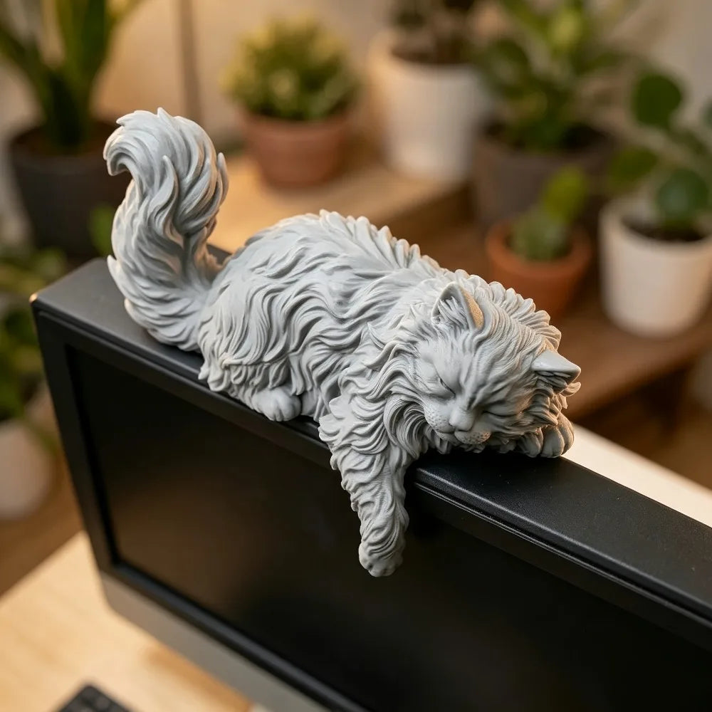 Cute Long Hair Sleeping Cat Figurine 3D Printed Mini Pet Computer Monitor Hanging Decor Desk Ornament for Home Office Decor Gift Oasis Select