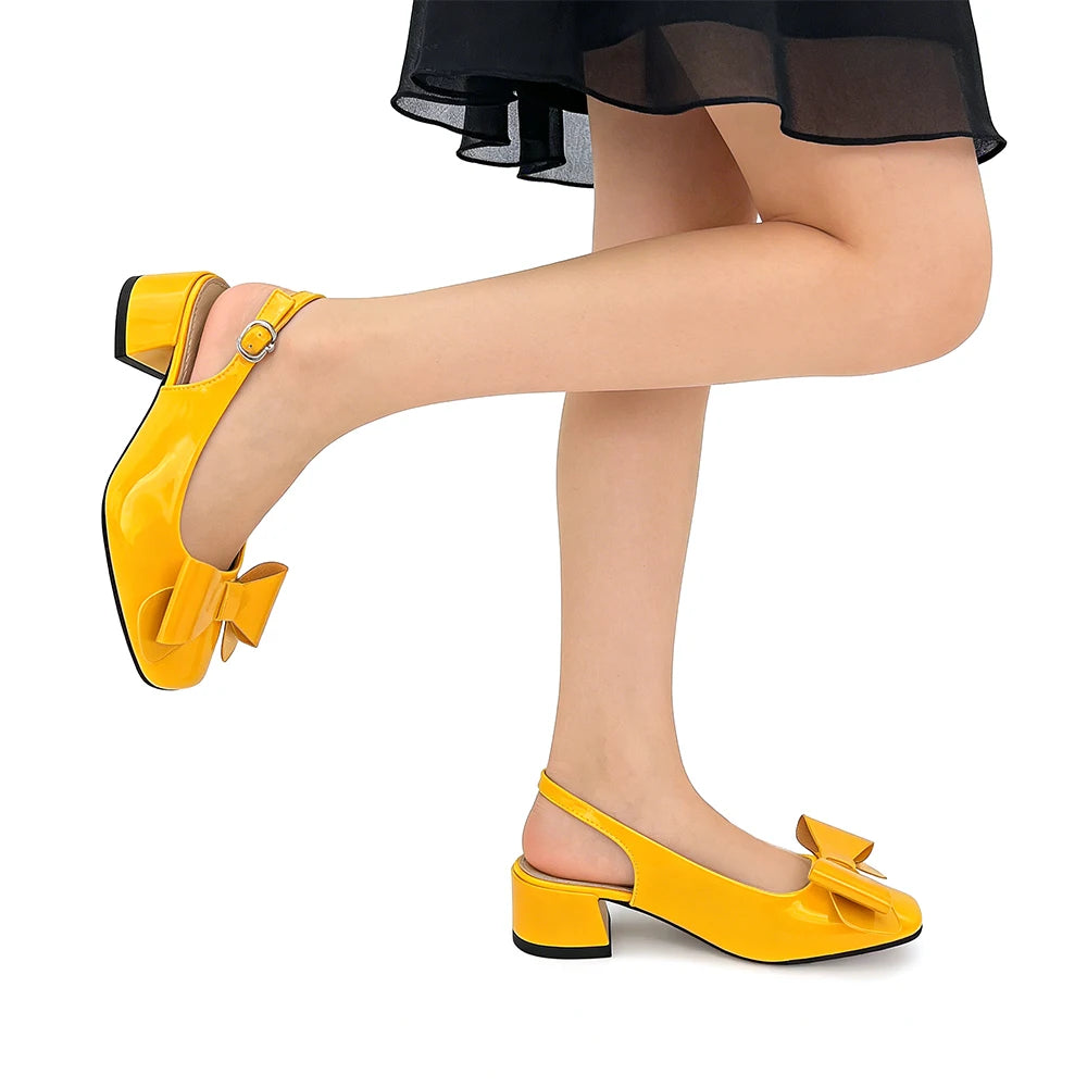 Women's sandals yellow bow accent minimalist chunky heel comfortable versatile elegant stylish high heels 1.98inch women's shoes Oasis Select