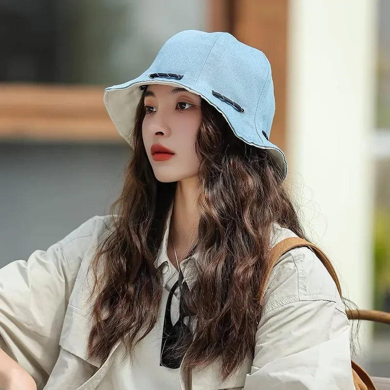 Women‘s Reversible Bucket Hat Spring Summer Double Sided Casual Sun Protection Visor Face Slimming Packable Travel Cap Oasis Select Light Blue As shown
