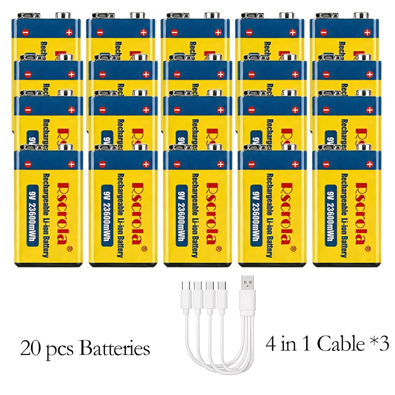 Premium 9V 23600mWh Rechargeable Li-ion Cell 6F22 PP3 USB Fast Charging Stable Power Battery for Guitar Mic Smoke Detector Pedal Oasis Select 20 PCS Batteries