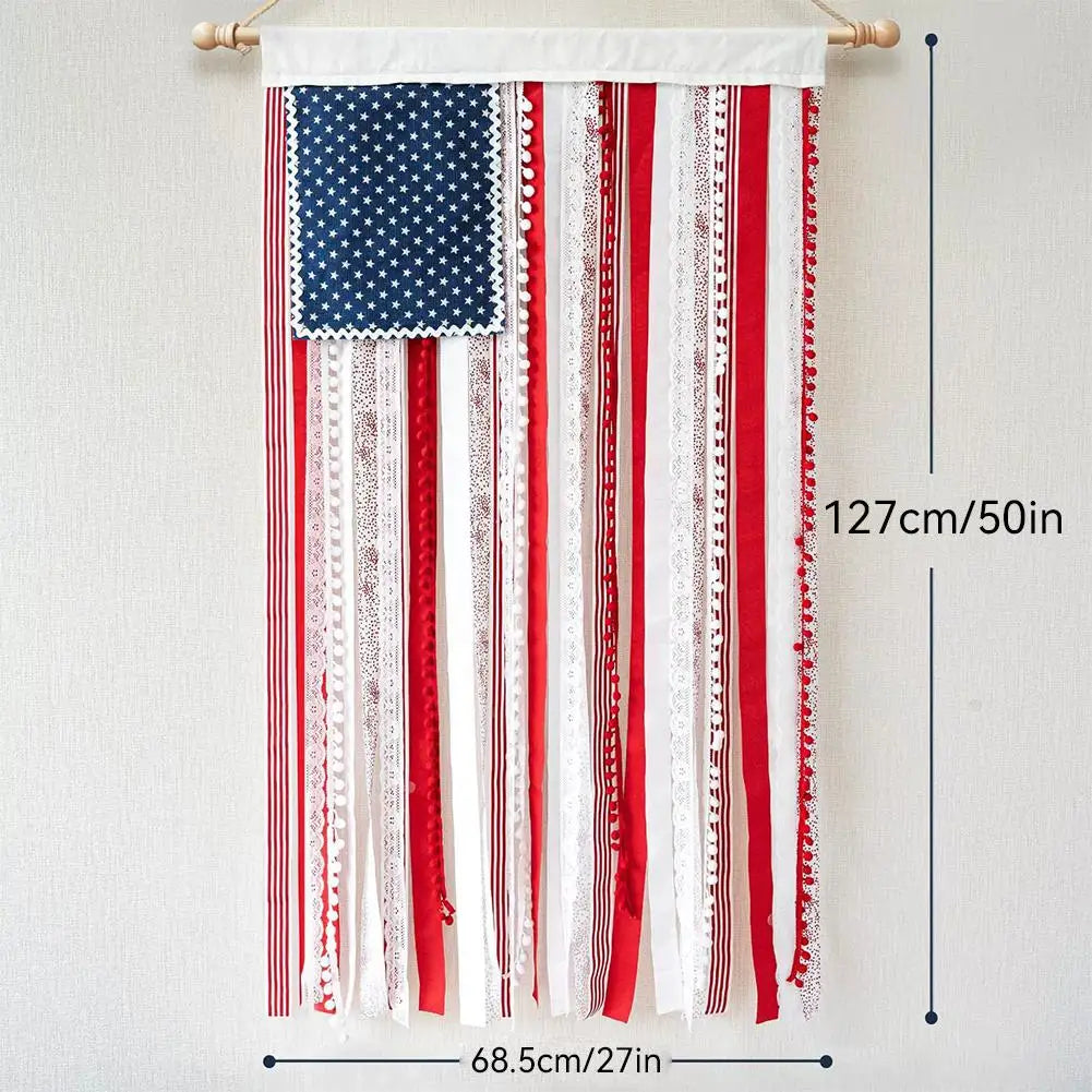 4th of July USA Flag Fringe Banner with LED Lights – 50"×27"