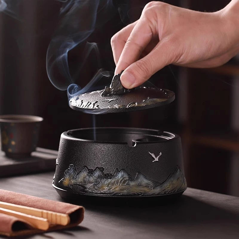 Chinese Style Relief Mountain Ashtray High-end Atmospheric Upscale Home Office Large Size with Lid Windproof Ashtray Oasis Select