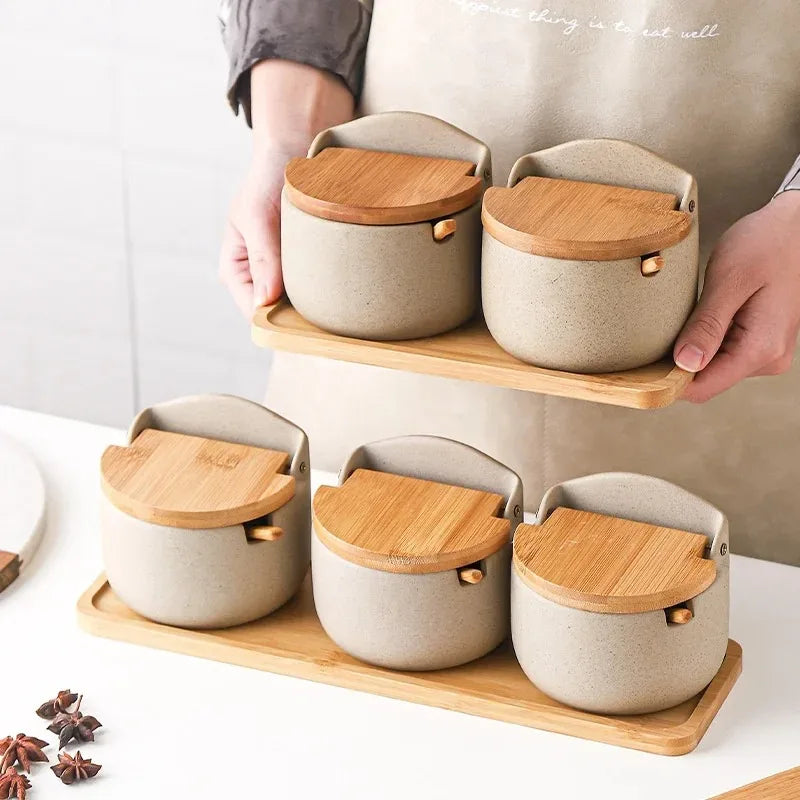 1pcs Ceramic Spice Jar with Bamboo Lid Spoon Japanese Style Seasoning Canister Salt Sugar Storage Container Kitchen Household Oasis Select