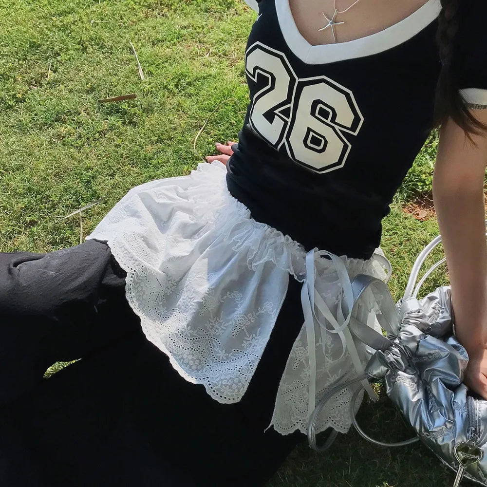 New Embroidered Flower Lace Mini Skirt Y2K Streetwear See Through Ruched Skirts Harajuku Lace Up Ruffles Skirt Jeans Decoration Oasis Select -4 One Size