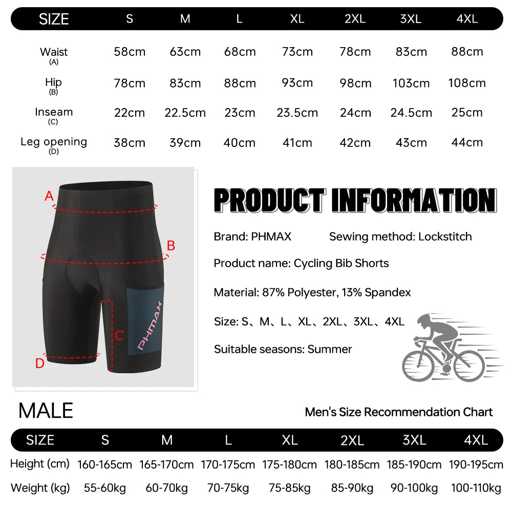 PHMAX Men's Padded Cycling Shorts 5D Silicone Gel Pad Bicycle Shorts Breathable Quick Drying MTB Bike Shorts with Pockets Oasis Select