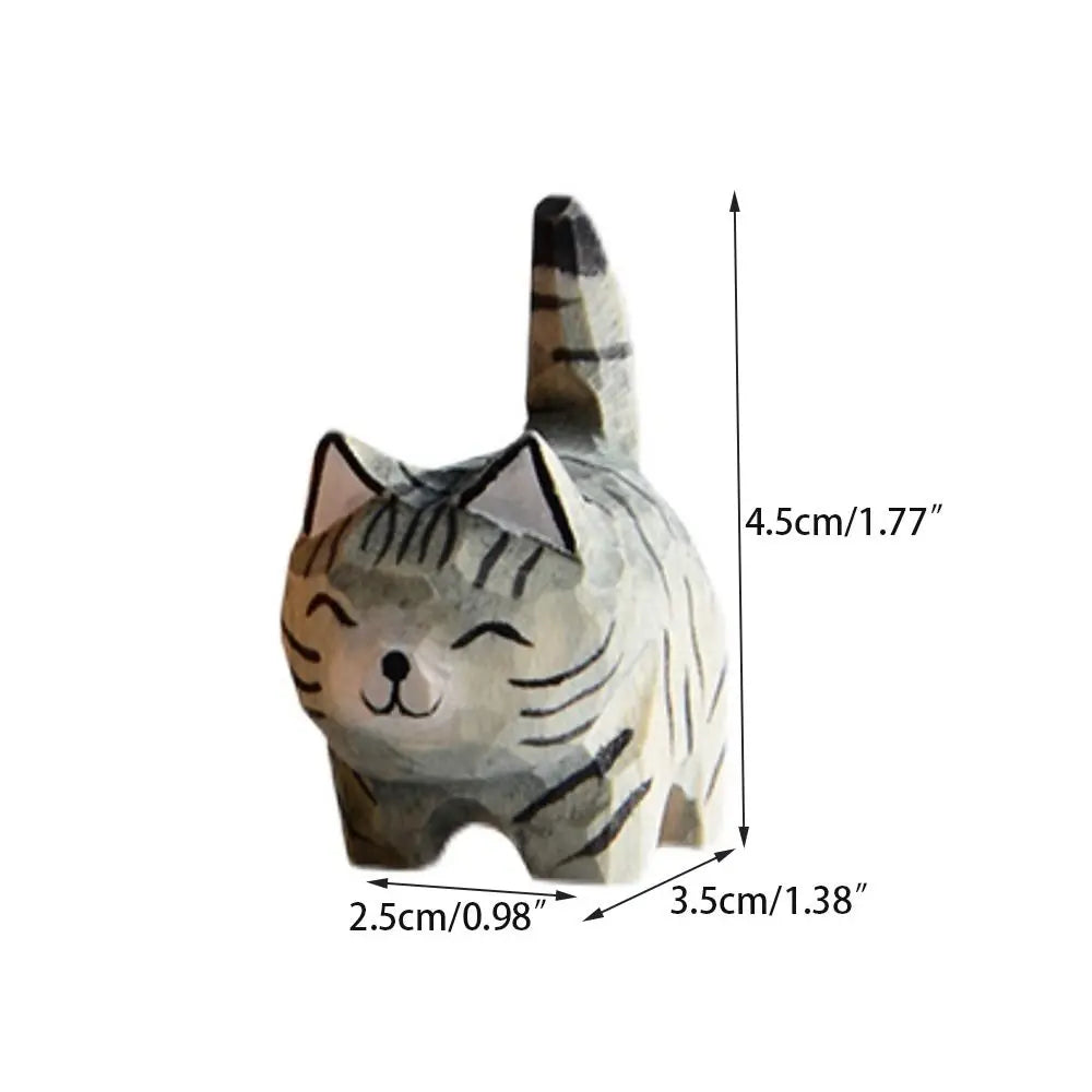 Handmade Wood Carved Cat Figurine | Gray & Orange Kitten Decor