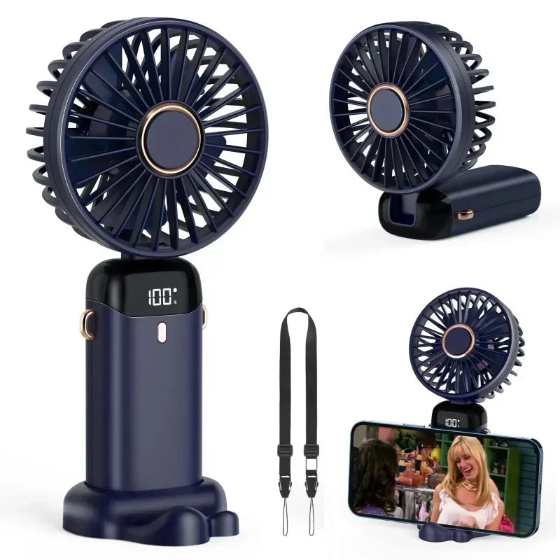 Portable Handheld Mini Fan 3000mAh Foldable Neck Hanging Fans 5 Speed Adjust USB Charge Fan with Phone Stand and Display Screen Oasis Select